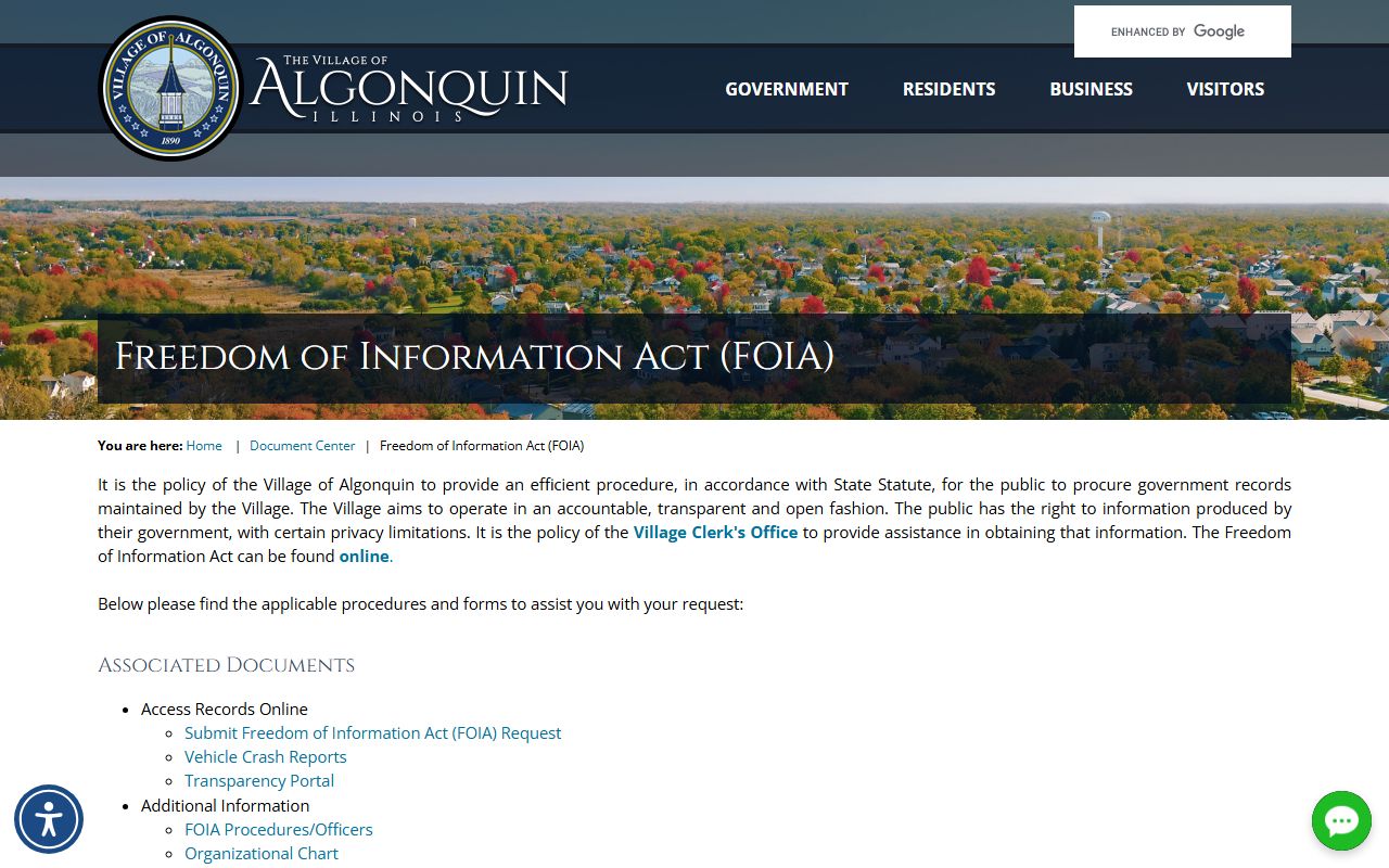 Algonquin Police Department FOIA request page for arrest records