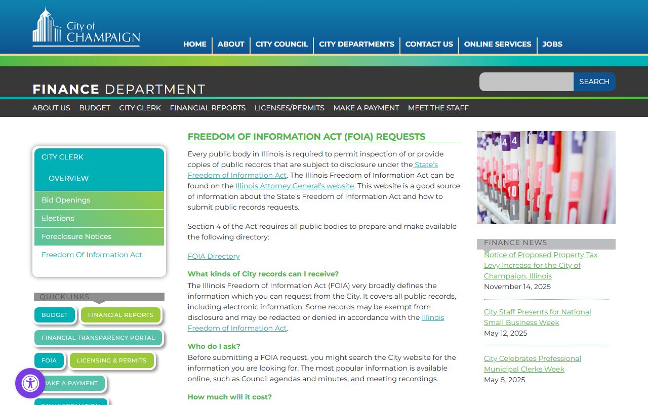 Champaign Police Department FOIA request page for arrest records