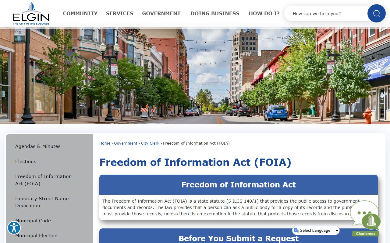 Elgin Police Department FOIA request page for arrest records