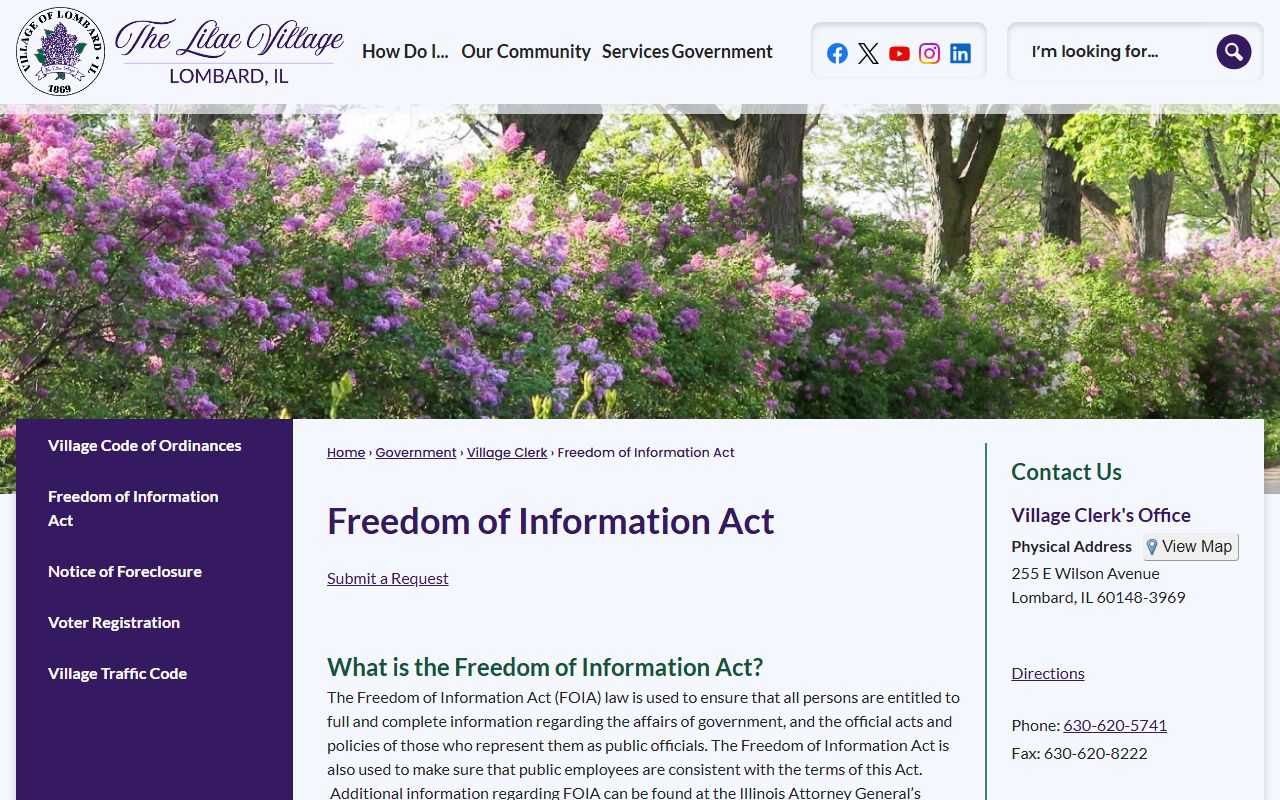 Lombard Police Department FOIA request page for arrest records