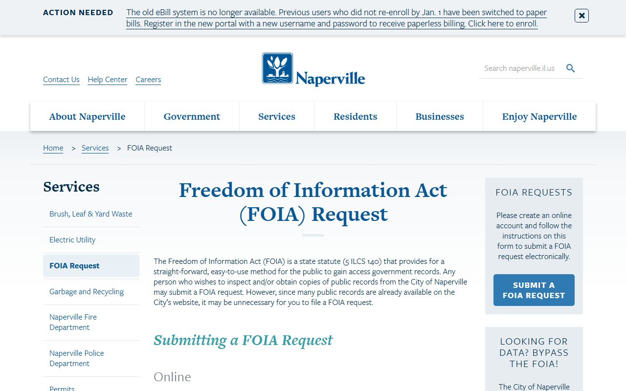 Naperville Police Department FOIA request page for arrest records