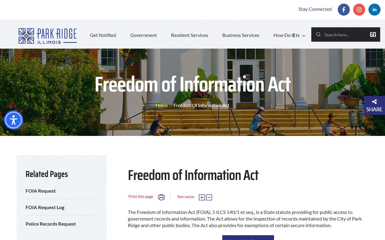 Park Ridge Police Department FOIA request page for arrest records