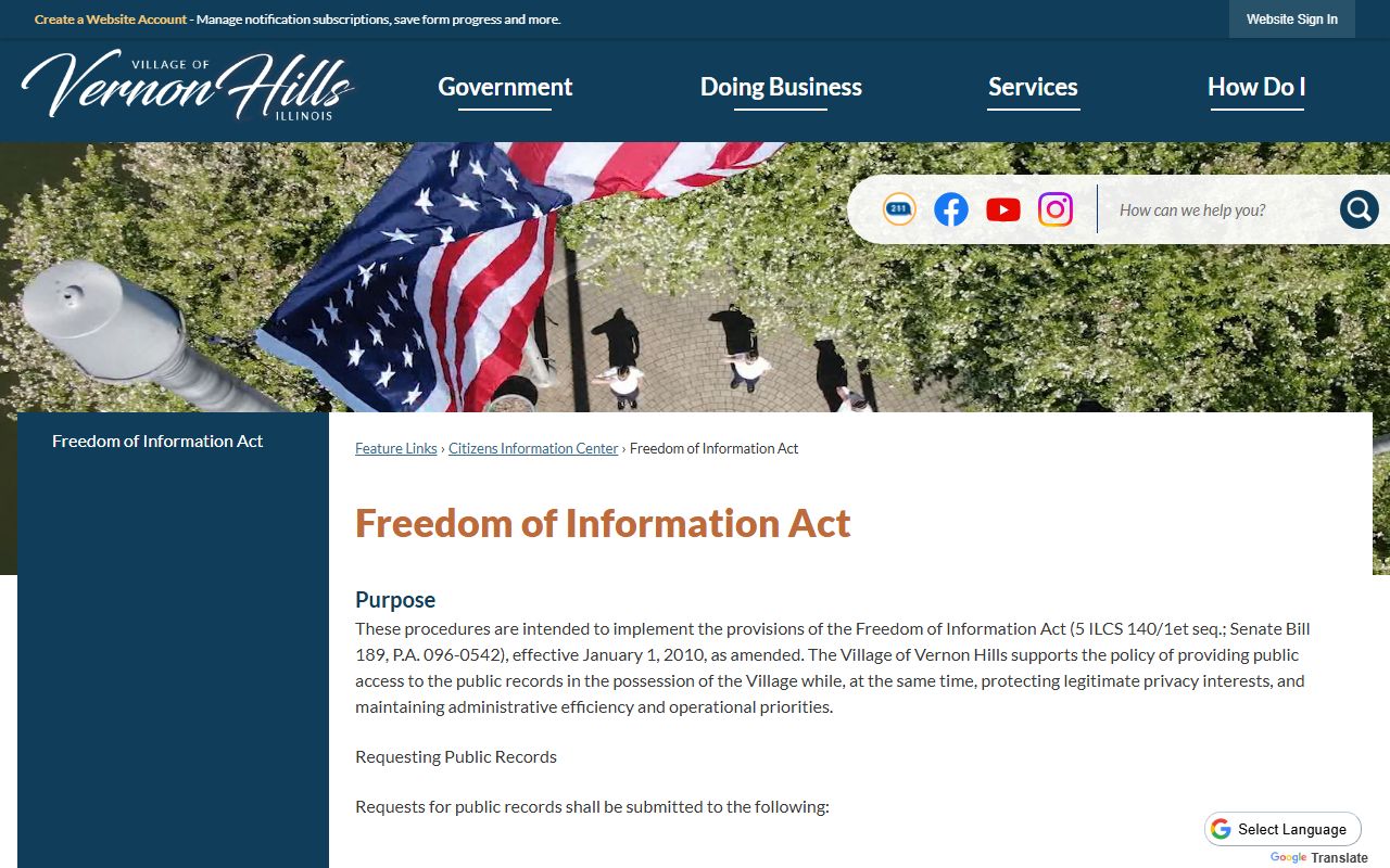 Vernon Hills Police Department FOIA request page for arrest records