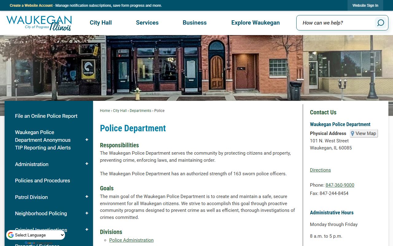 Waukegan Police Department main page for records access