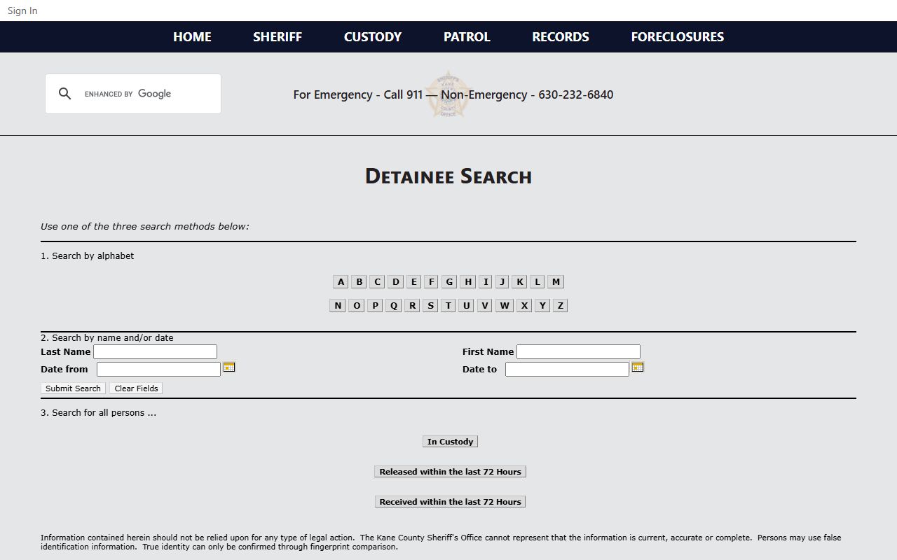 Kane County detainee search portal for finding current jail inmates
