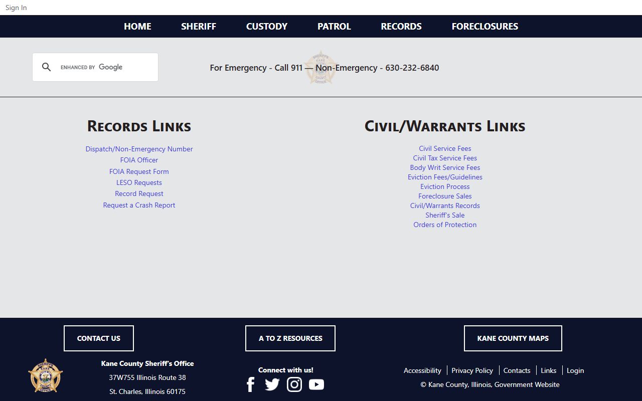 Kane County Sheriff records menu page for requesting arrest records