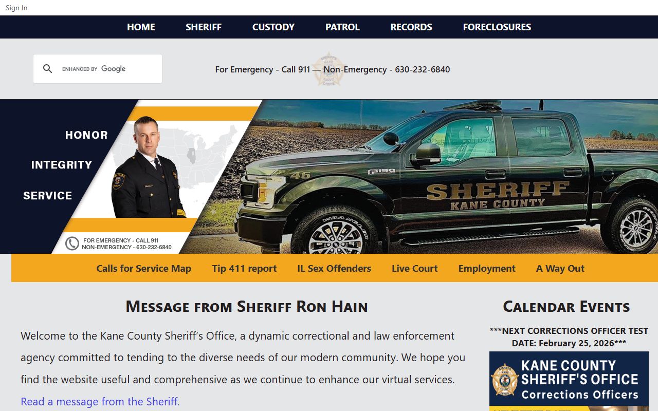 Kane County Sheriff's Office homepage for arrest record searches