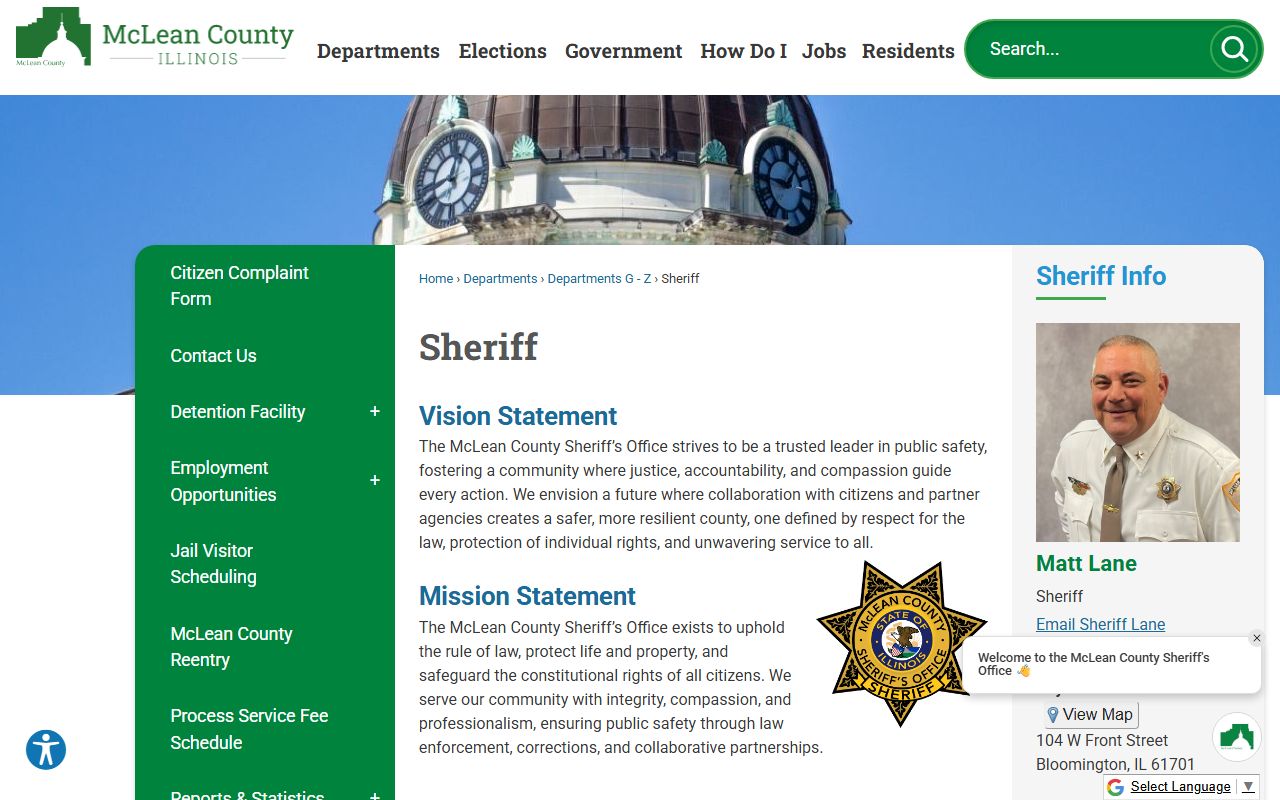 McLean County Sheriff's Office website page for arrest records and services