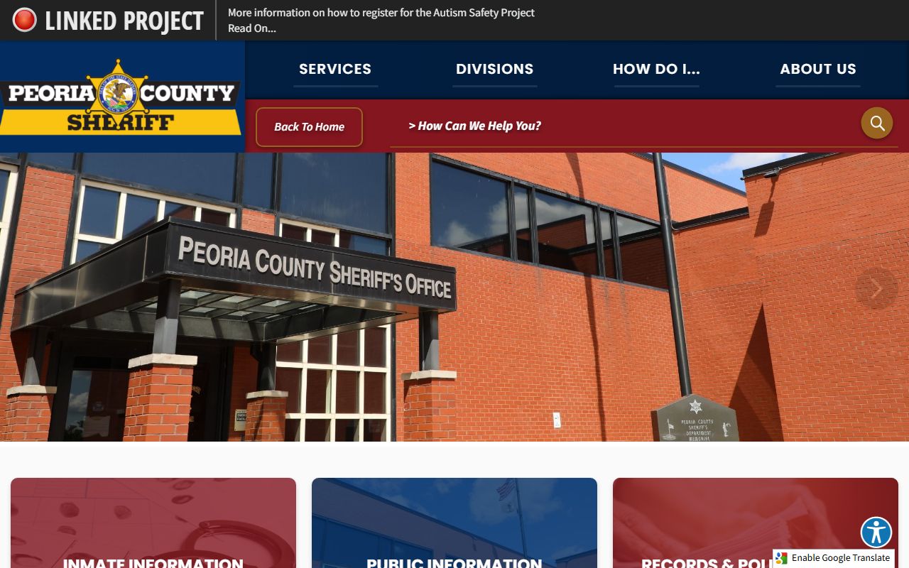 Peoria County Sheriff's Office page for arrest records and law enforcement services