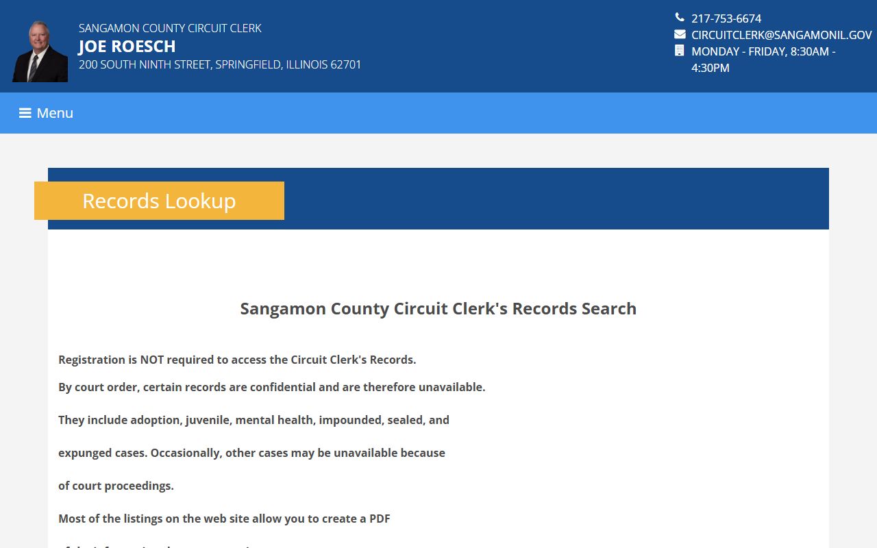 Sangamon County Circuit Clerk records lookup tool for searching arrest records