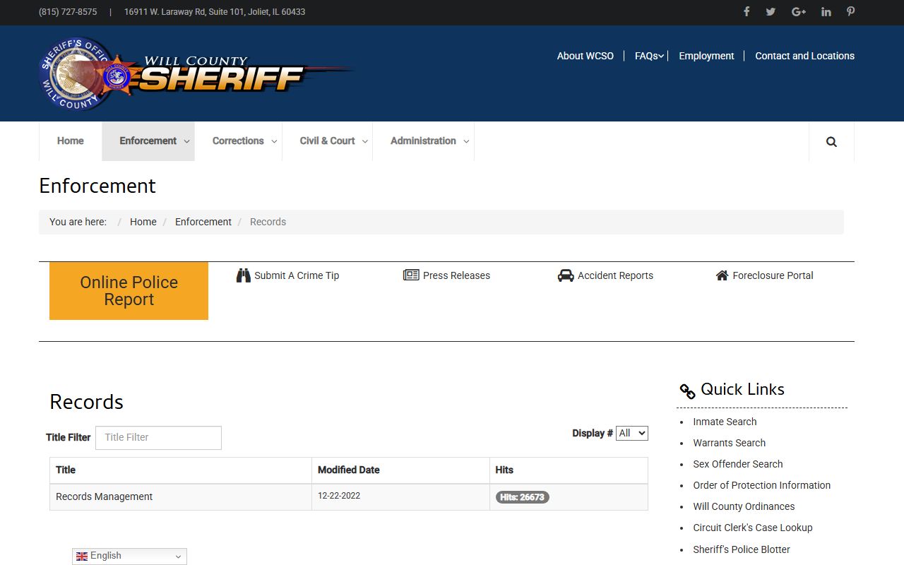 Will County Sheriff records division page for arrest records requests