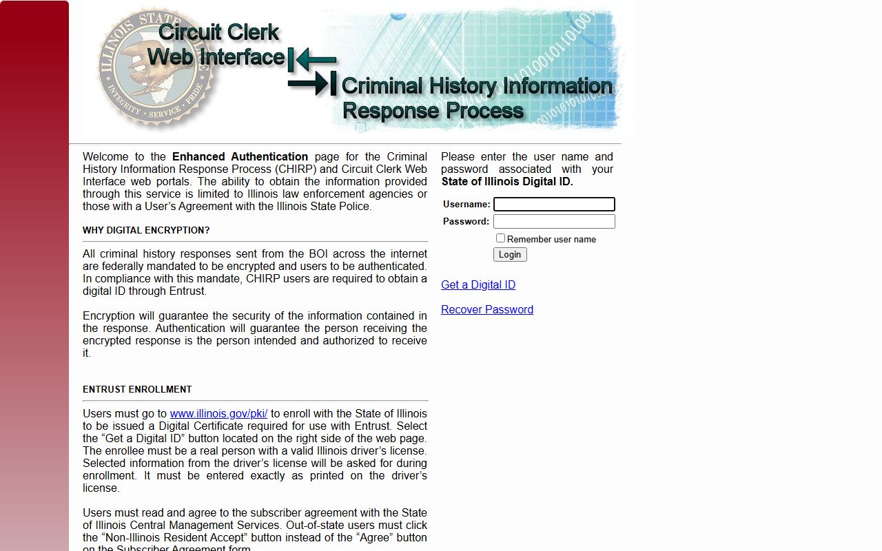 CHIRP Criminal History Information Response Process login portal for Illinois arrest records