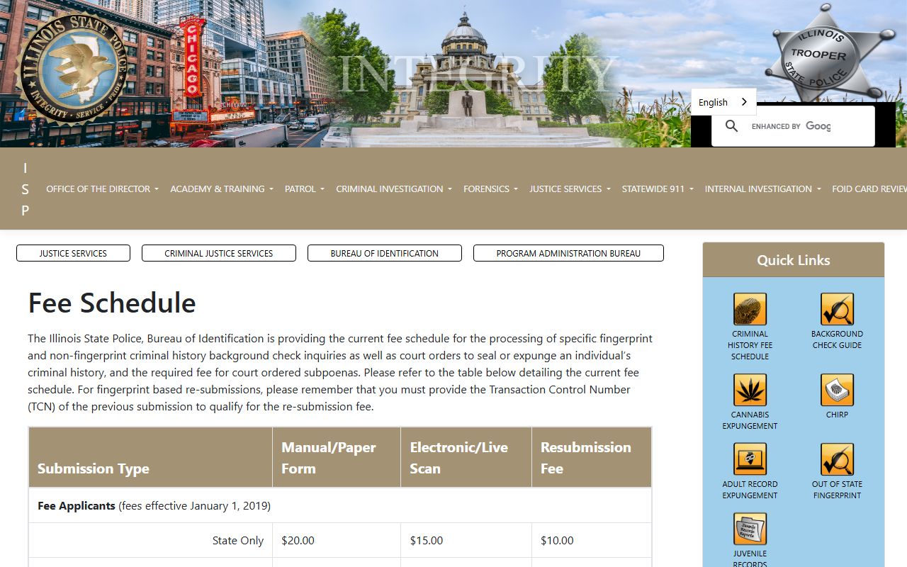 Illinois State Police fee schedule for arrest records and criminal history searches